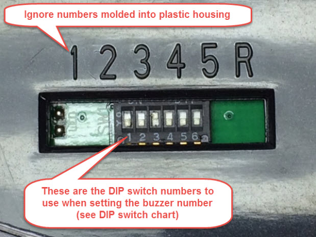 Affordable Buzzers DIP Switch for setting the assigned buzzer number - Front View